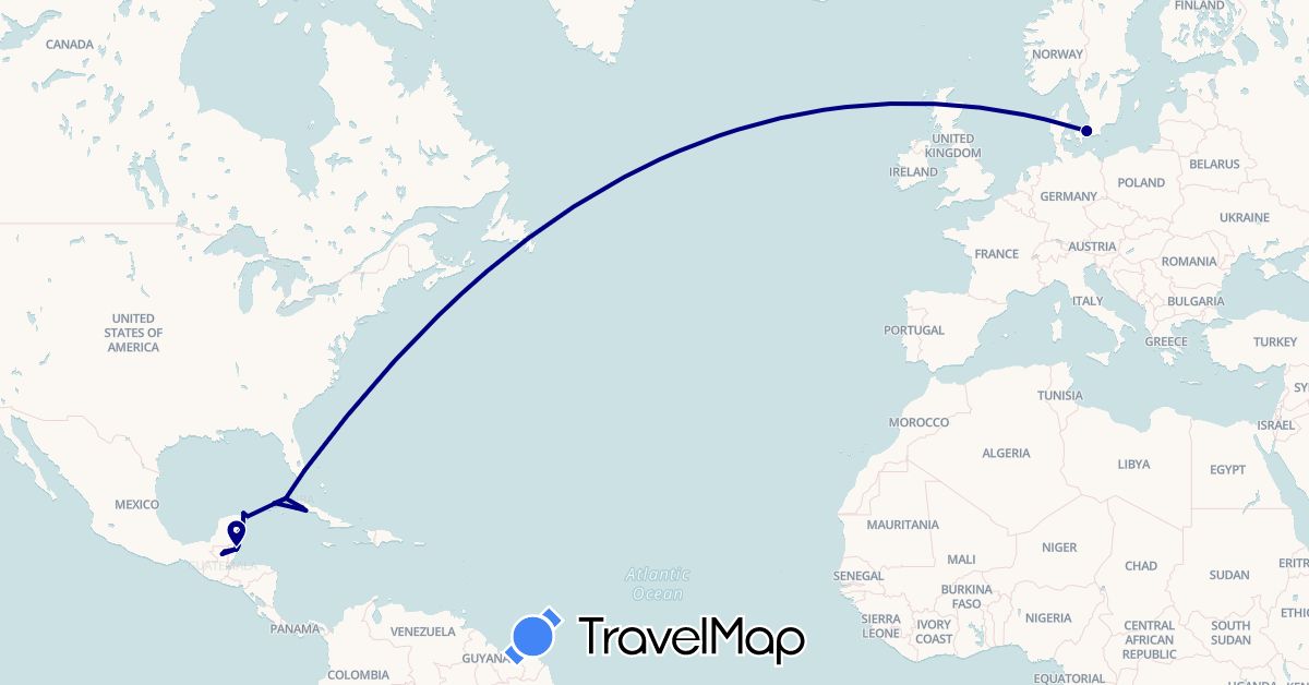 TravelMap itinerary: driving in Belize, Cuba, Denmark, Guatemala, Mexico, United States (Europe, North America)